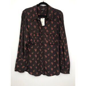 Something Navy Floral Long Sleeve Button Blouse Top Large NEW